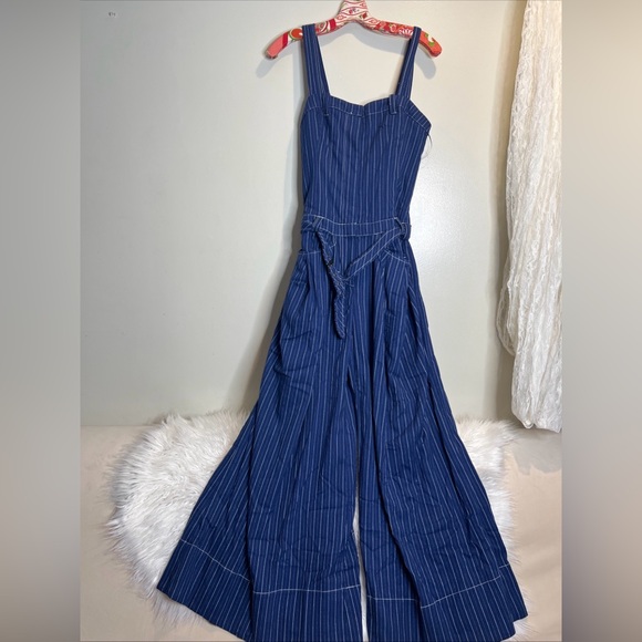 Free People Flores Pin Stripes Wide Leg Vintage Denim Jumpsuit XS